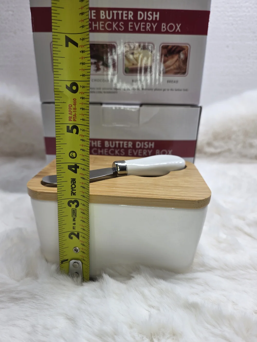 White Ceramic Butter Dish with Bamboo Lid and Spreader